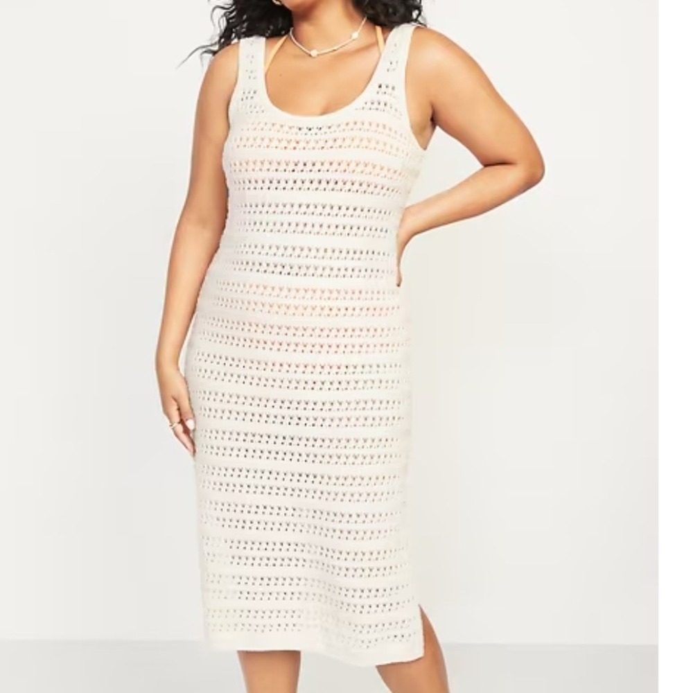 Old Navy Womens Crochet Sleeveless Swim Cover-Up Midi Dress Cream White Small